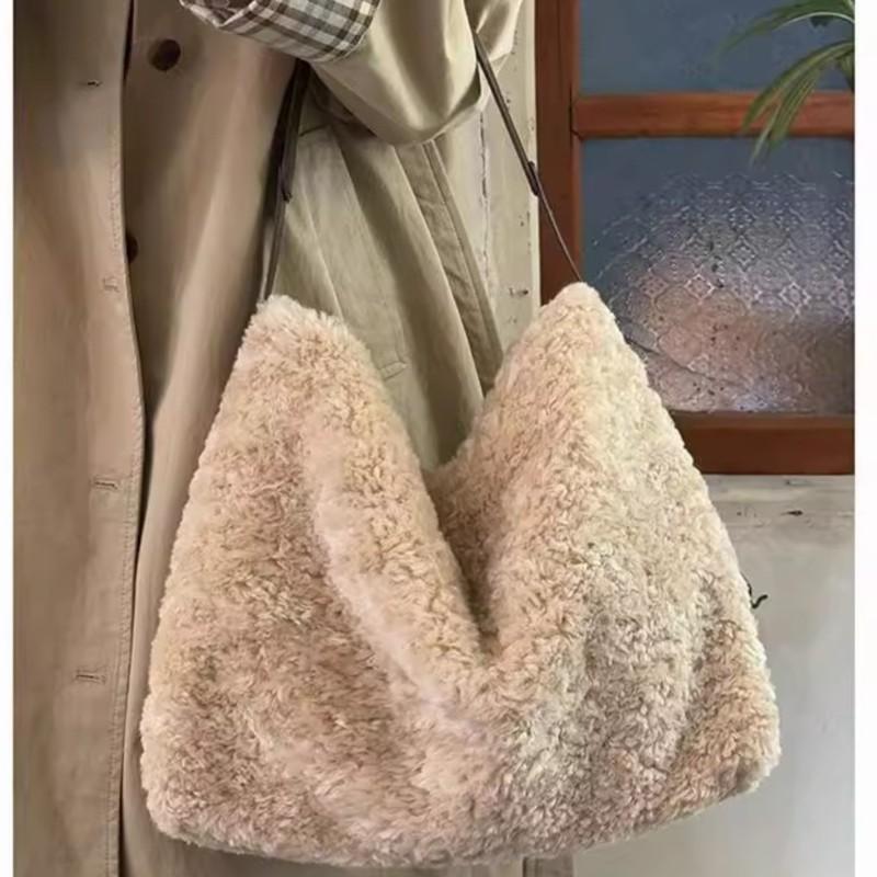 Vintage Faux Lambswool Handbag Women Lazy Style Large Capacity Tote Bag Ladies Fashion Premium Luxury Simple Office Shoulder Bag