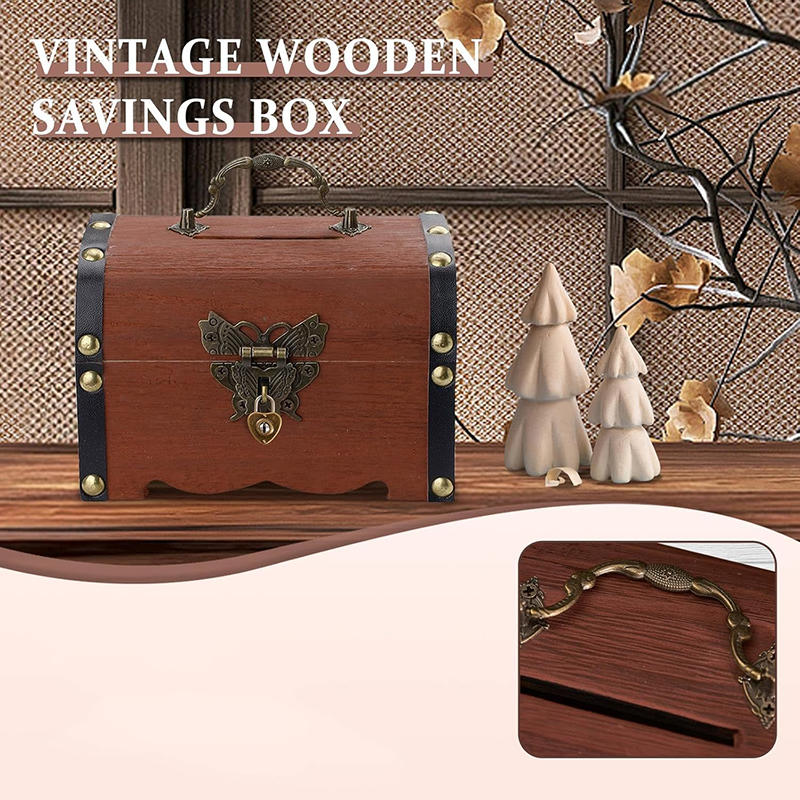 Mini Wooden Money Box with Heart Lock Butterfly Buckle Vintage Savings Coin Bank Home Decor Children Gift