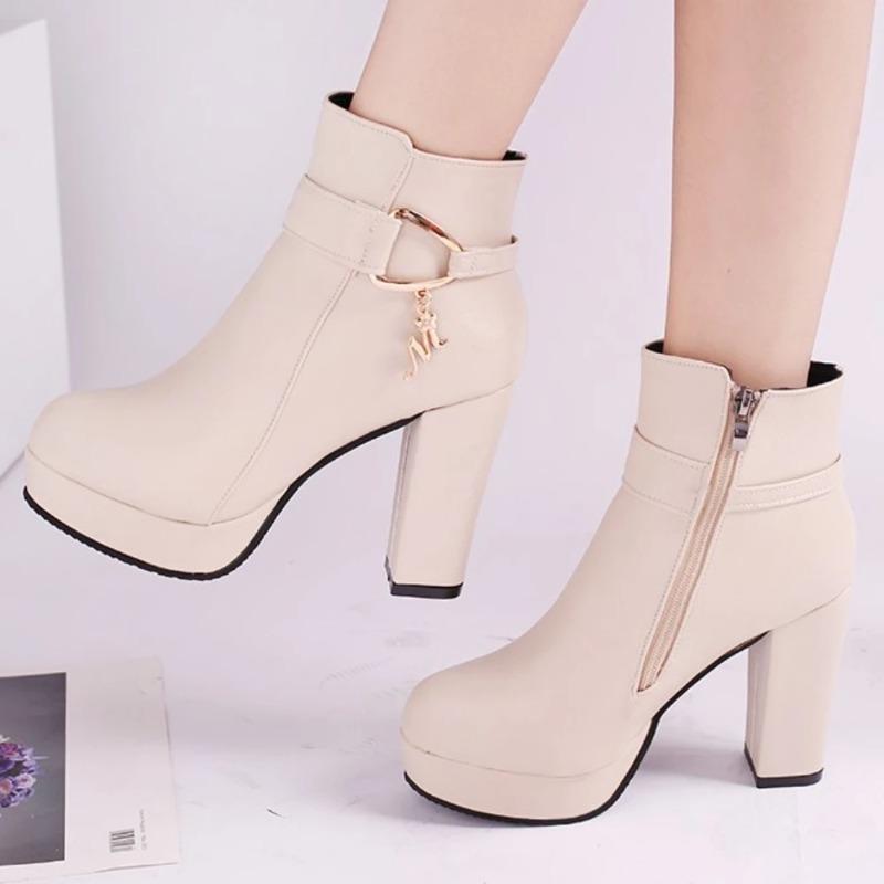 Fashion Fashion Ankle Boots Solid Color Round Head Side Zipper Design Autumn Winter Women's Fashion High Heeled Ankle Boot Size 32-43