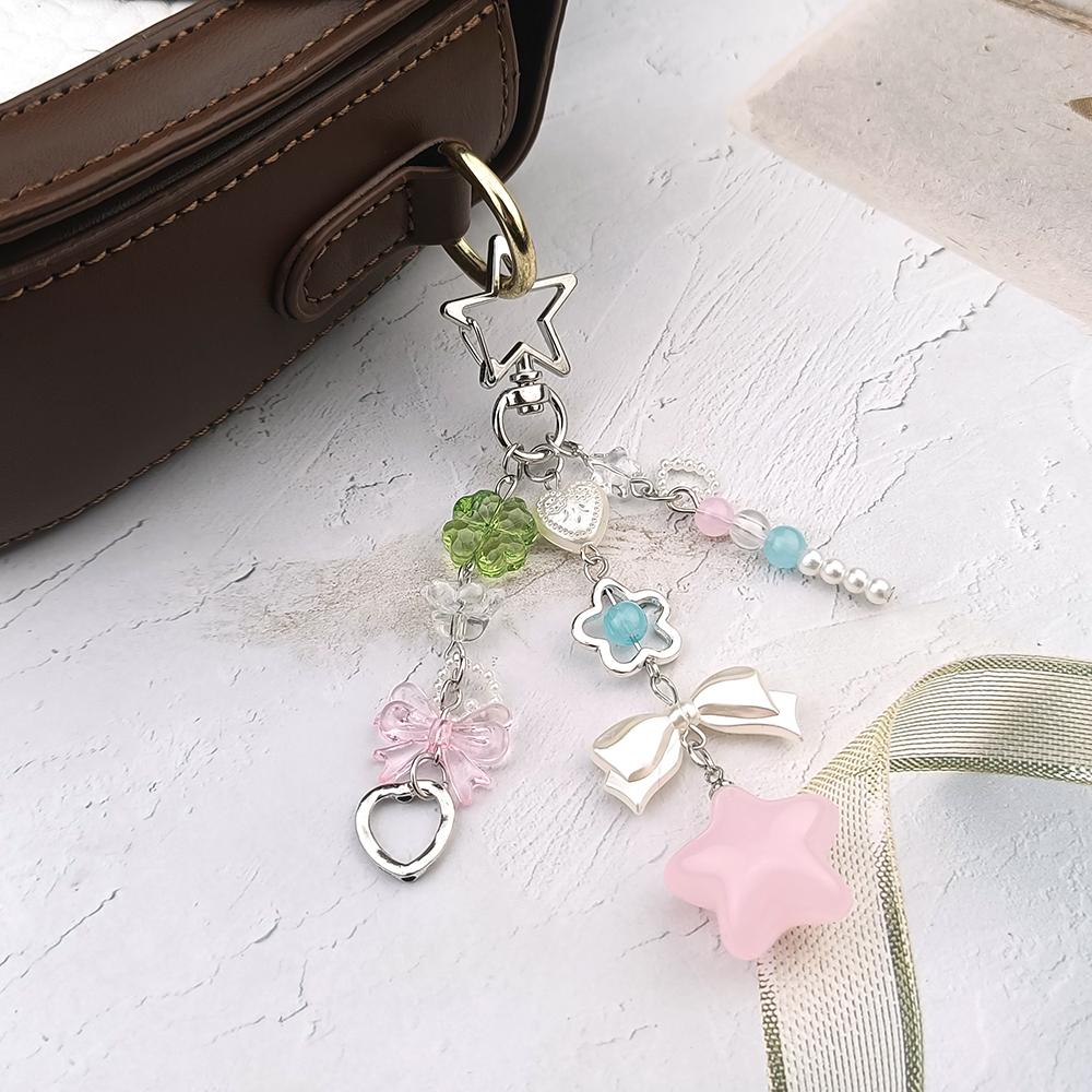 Sweet Pastel Bag Charm Hollow Star Clasp Pink Blue Beads Bow Transparent Star Cherry Blossom Pendant Cute Girl Handbag Decor