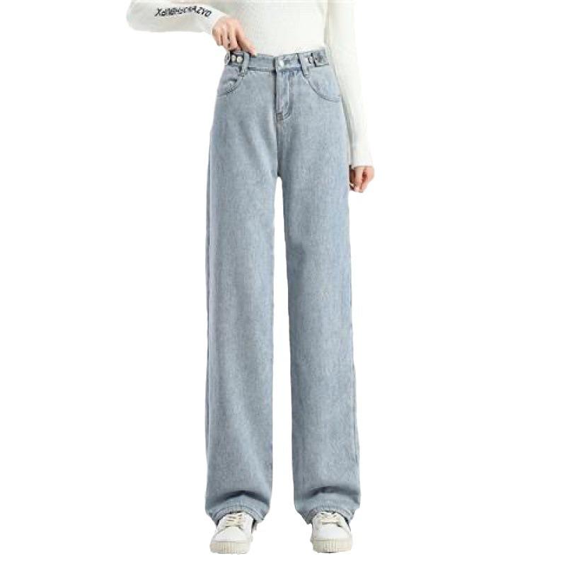 2023 Women's Korean Style Fleece-Lined High-Waisted Wide-Leg Jeans - Winter Slimming, Versatile, Loose, Straight-Leg Trend