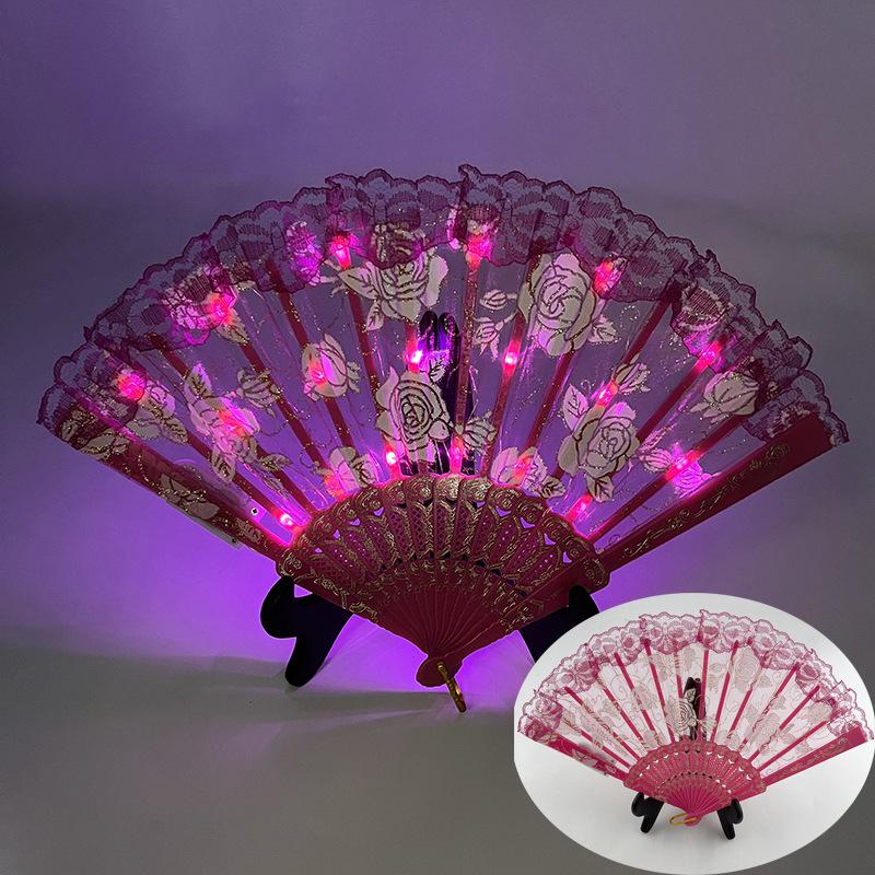 Rose Lace Edge LED Folding Fan - Wedding Gift & Dance Prop