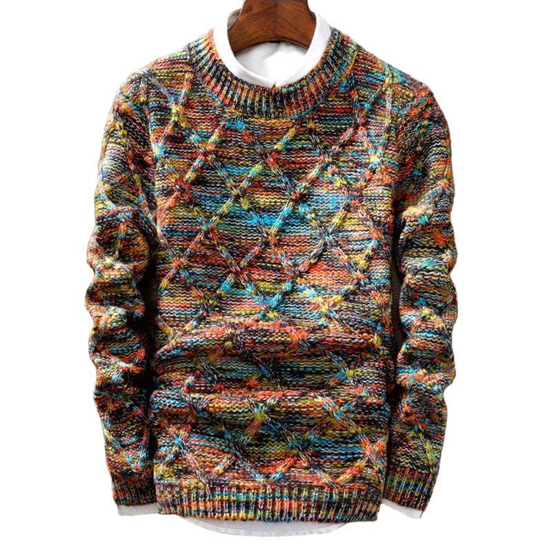 Winter 2025 Men's Korean Style Slim Fit Diamond Pattern Round Neck Pullover Knitwear