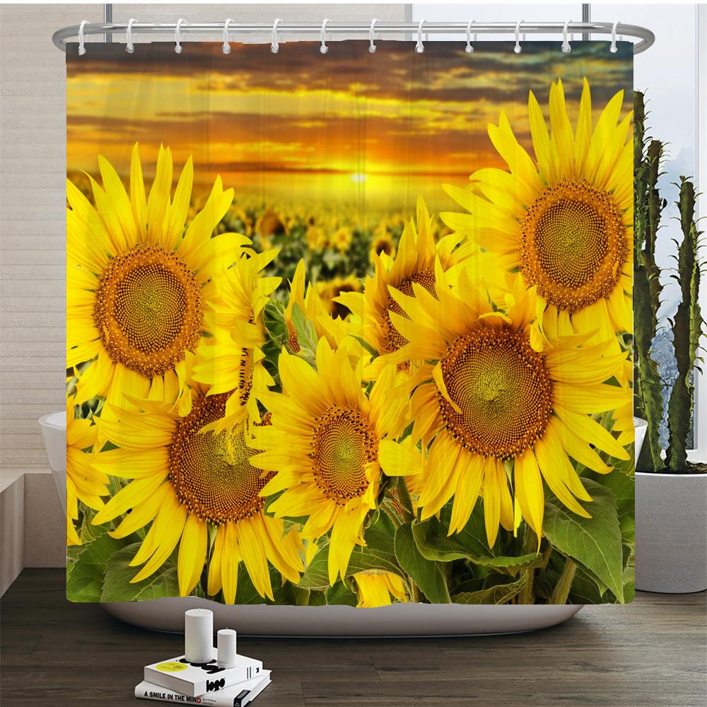 3d Sunflower Yellow Flowers Shark Shower Curtains Bathroom Waterproof Bath Curtain Polyester Cloth With Hooks Decor Bath Screen