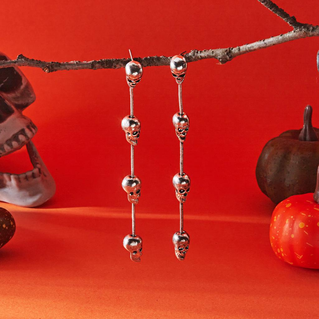 Vintage Punk Halloween Skull Long Tassel Earrings for Women Silver Color Moon Skeleton Metal Dangle Earring Festival Jewelry