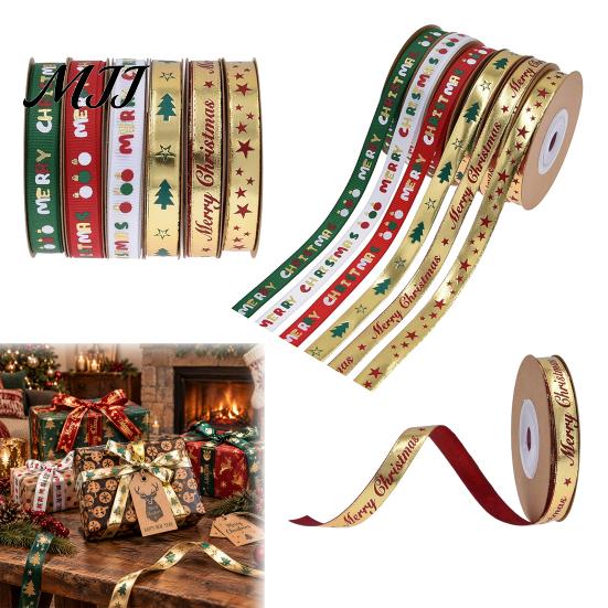 Metallic Christmas Tree Pattern Ribbon Gold Foil Ribbon, Merry Decorative Fabric Flexible for Holiday Crafts Gift Packing, Xmas Party Decorations