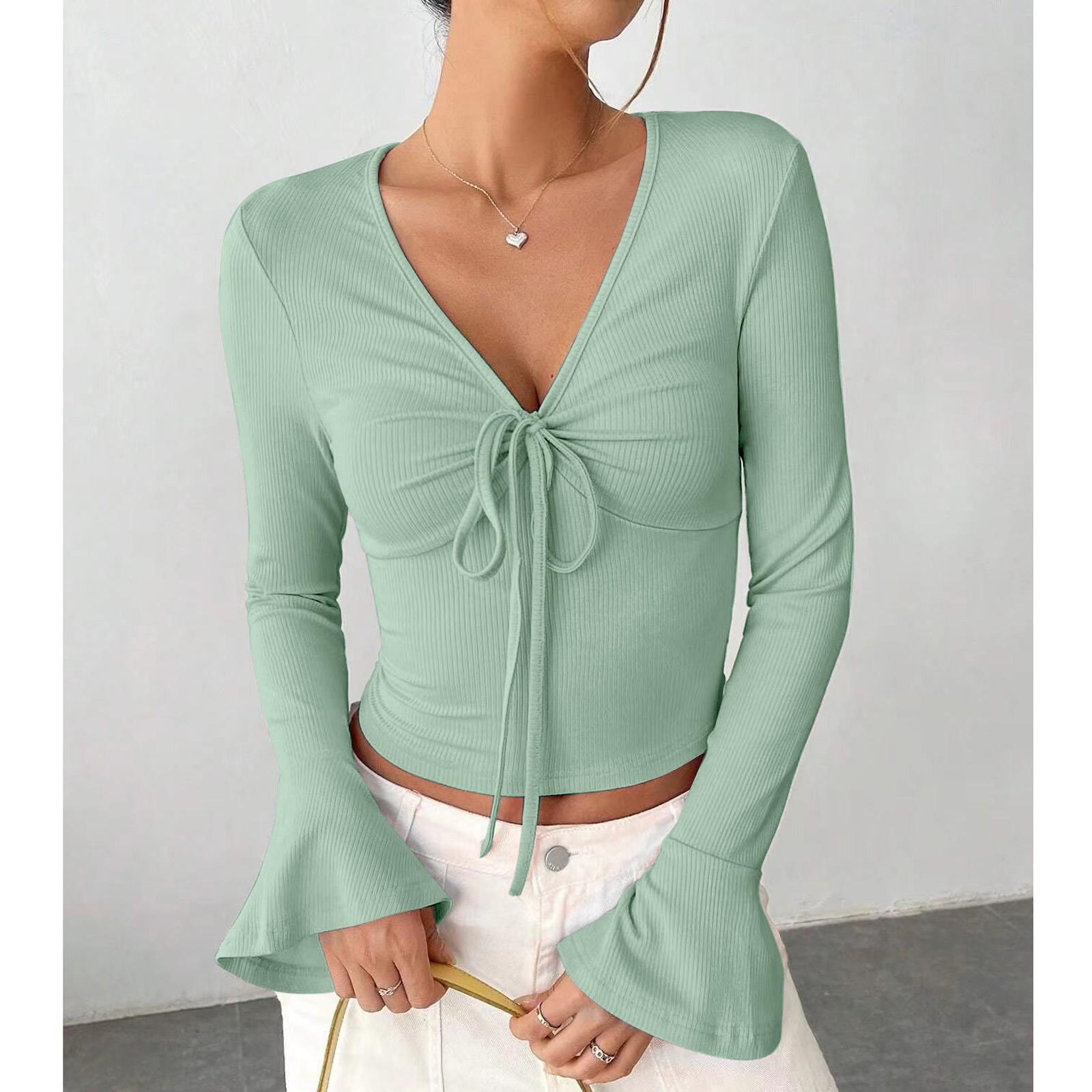 

Женский повседневный модный топ с V-образным вырезом и расклешенными рукавами, однотонный, повседневный топ XXL светло-зеленый