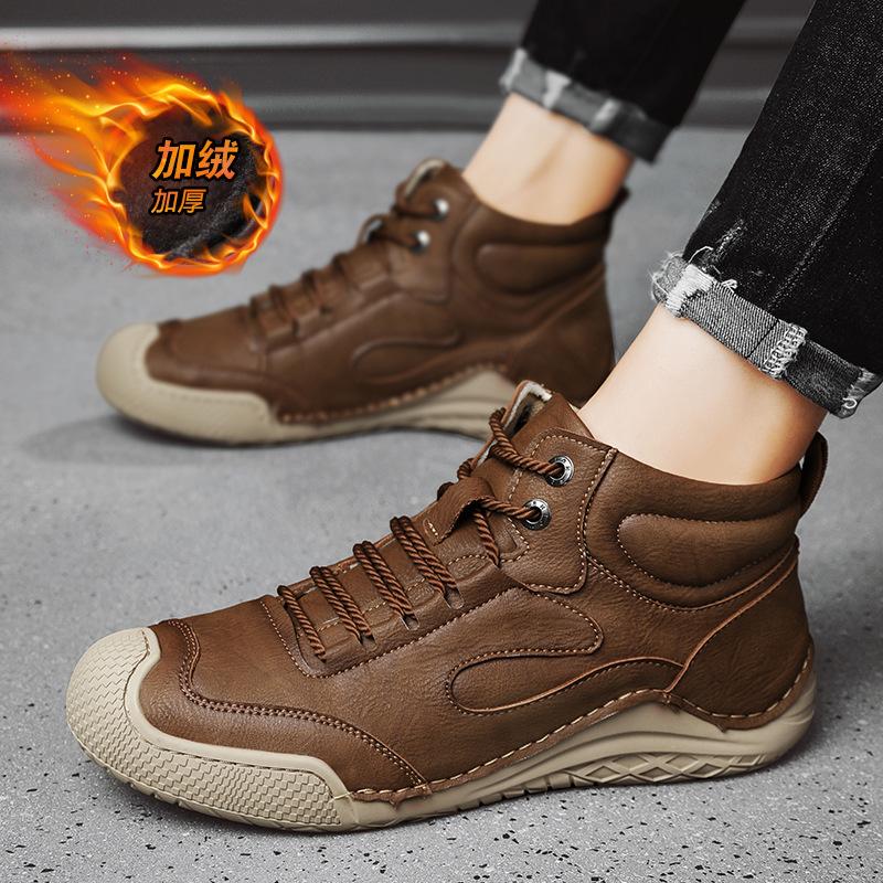 Außenhandel neue Übergröße Herrenschuhe handgenähte mittelhohe Freizeitschuhe Leder flacher Boden Outdoor Werkzeugstiefel