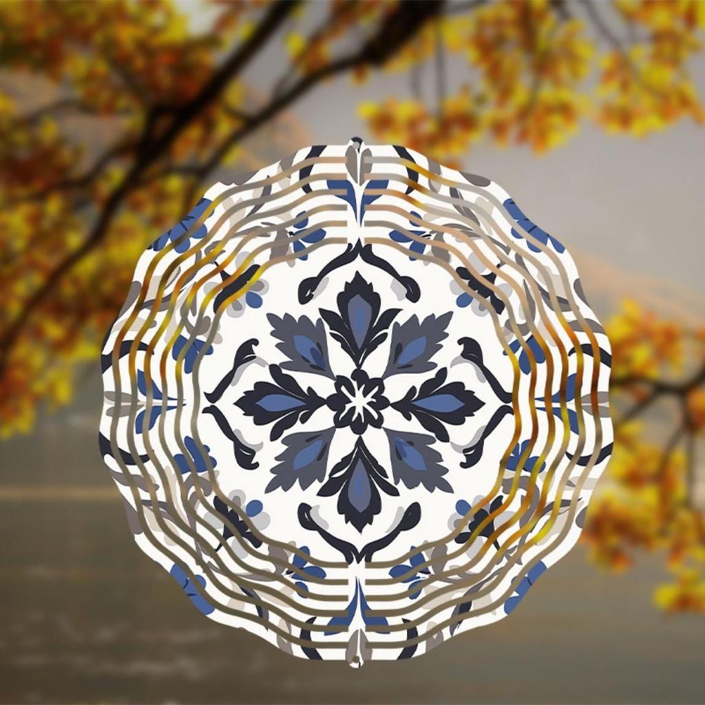 Blue White Porcelain Metal Wind Chime with Intricate Floral Design for Garden Lawn Indoor Outdoor Decor All Seasons Hanging Ornament