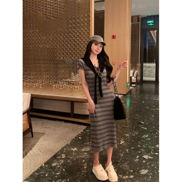 2026 Summer New Korean Striped Contrasting Shawl Crew Neck Short Sleeve Temperament Elegant Dress Women's Medium and Long Dress Tide