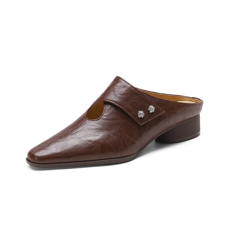 Fashion 2025 Summer Covered Toe Genuine Leather Slippers Women Thick Heels Casual Mules Summer Daily Walk Sheepskin Leather Slippers