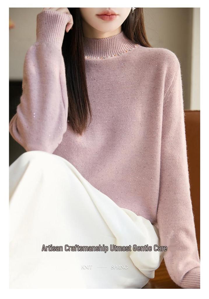 Women's Sequined Turtleneck Sweater - Autumn/Winter Fashion, Age-Defying, Loose Fit, Versatile Knitwear