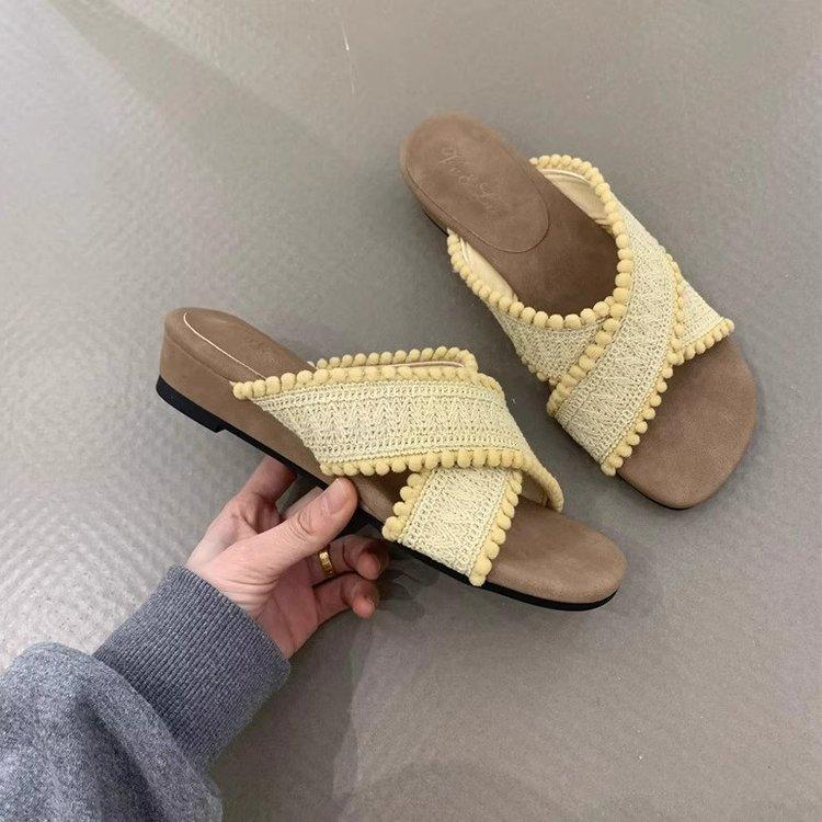 Roman Woven Crossed Slippers Female 2025 Summer Gentle Fairy Resort Beach Slope Heel Cool Slippers Female Tide