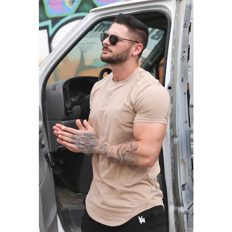 Men's Red Curved Hem Slim Fit T-Shirt Casual Short Sleeve Crew Neck Top