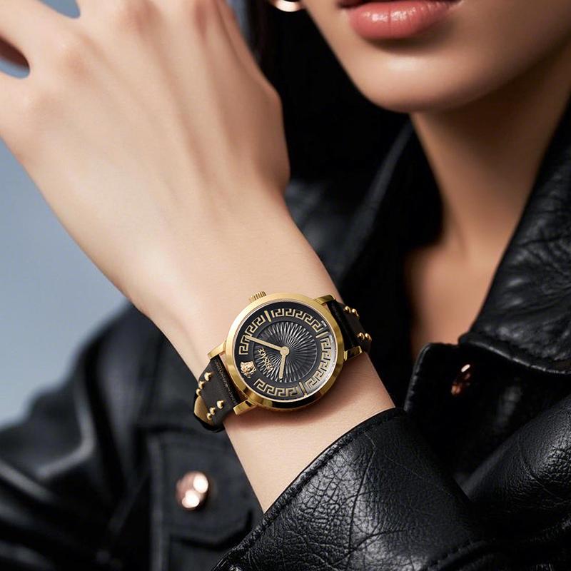 Versace Quartz Watch 35mm Beige Dial Leather Strap Gift Set With Perfume And Red Envelope Women Watches Pink VE0A00125