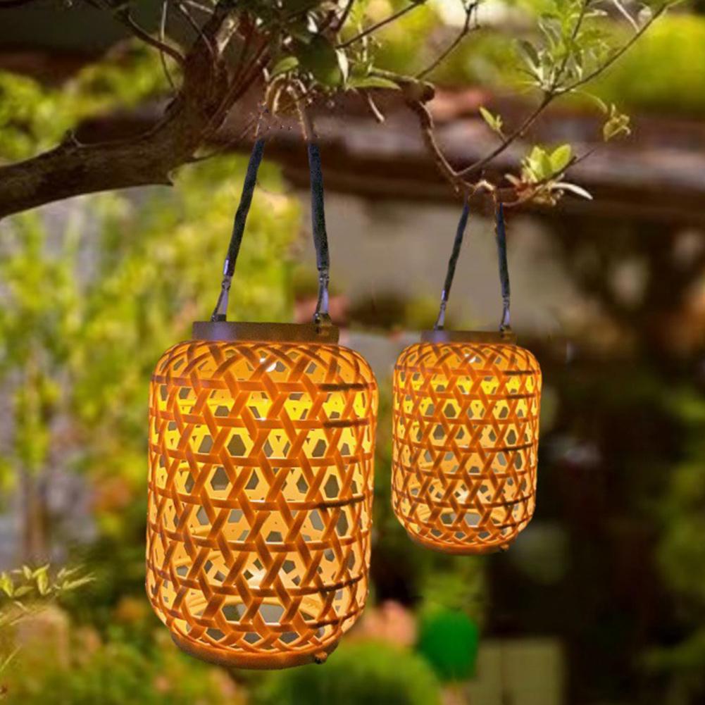 Outdoor Hanging Light with Handle Solar Rattan Lantern Waterproof Solar Powered Retro Pendant Light for Yard Patio Lawn Pathway