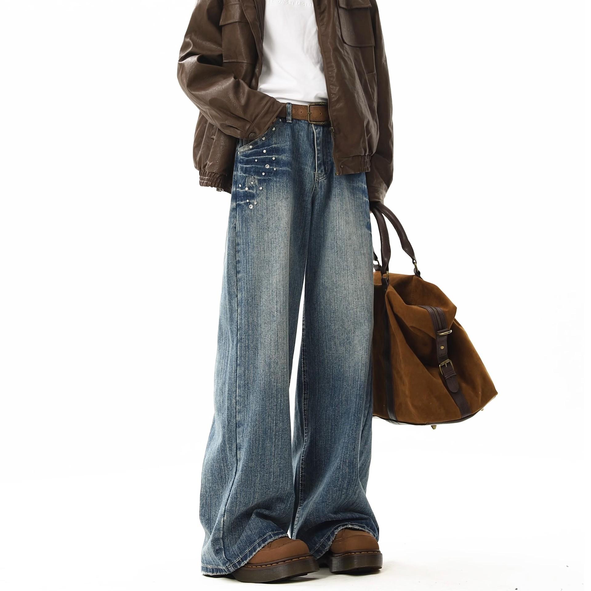 

Весна и осень Мужские новые повседневные джинсы прямого покроя в американском стиле в стиле ретро с широкими штанинами XL синий