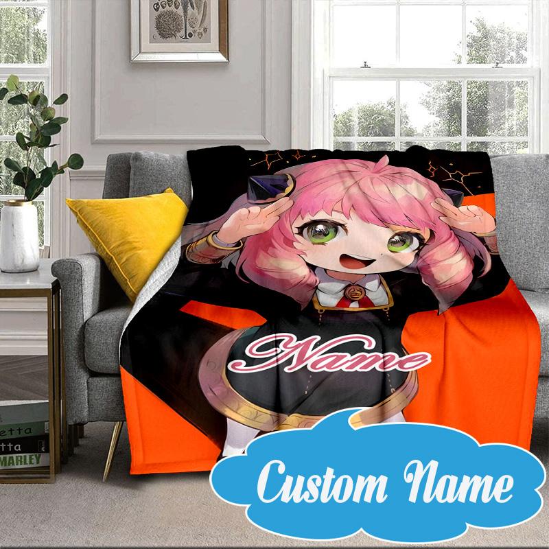 Custom Name Pink Hair Anime Anya Blanket Bed Sofa Blanket Flannel Blanket for Camping, Hiking, Picnic Essentials,gift for Fan Family