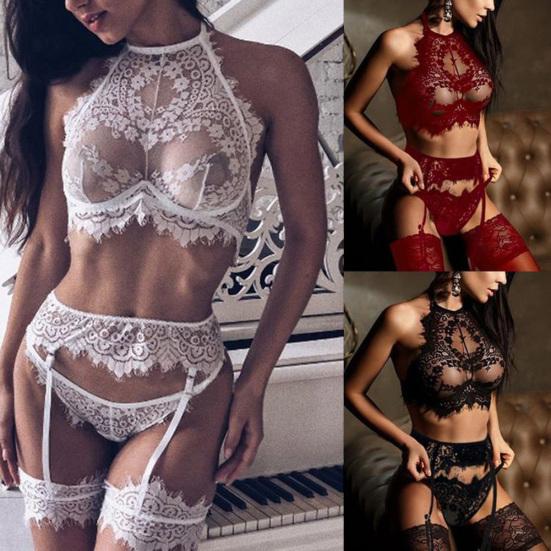 3Pcs Sexy Women See Through Floral Lace Babydoll Bra Briefs Garter Underwear Set