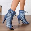 Tie Fish Mouth Cool Boots for Women Spring and Summer Round Toe Open Toe Slim Heel Hollow-out Non-slip High Heels