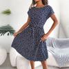 Spring Summer Women Short Sleeve Floral Pleated High Waist A Line Long Dress