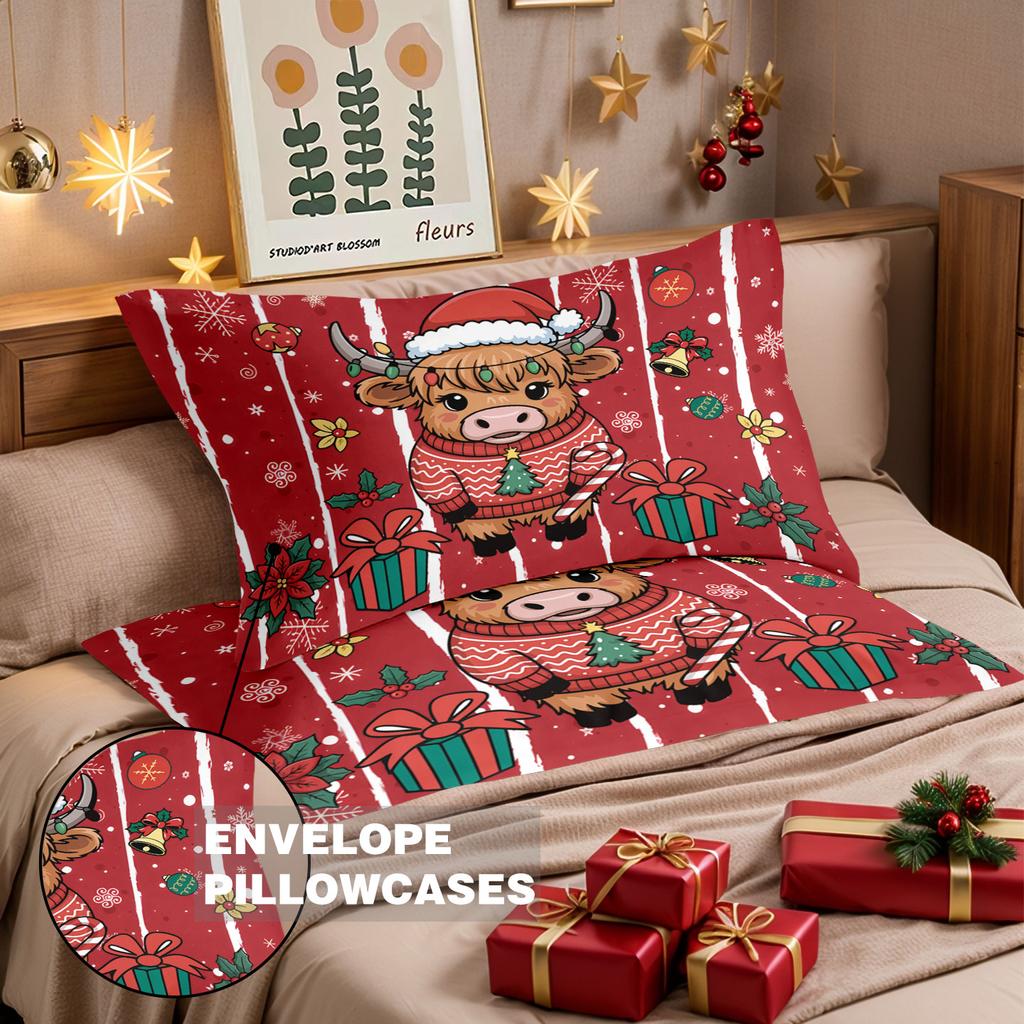 3pcs Christmas Highland Cow Red Print correless quilt Set Multi Size Bedroom Bedding Holiday Decoration Soft Machine Washable