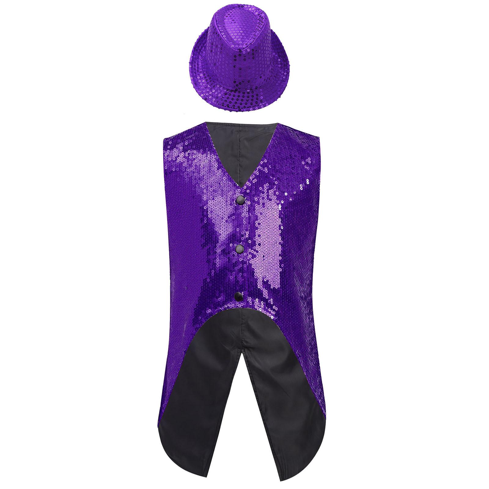 

Boys Sleeveless Asymmetrical Hem Sparkly Sequin Vest Hat Set Jazz Dance Birthday Party Stage Performance Costume 5-6 Years фіолетовий