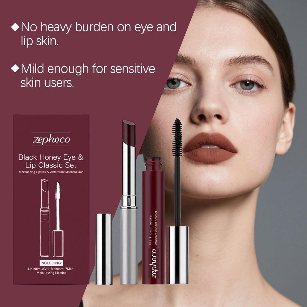 Zephoco Black Honey Eye & Lip Set: Moisturizing Glossy Lipstick & Eyelash Curler Beauty Kit