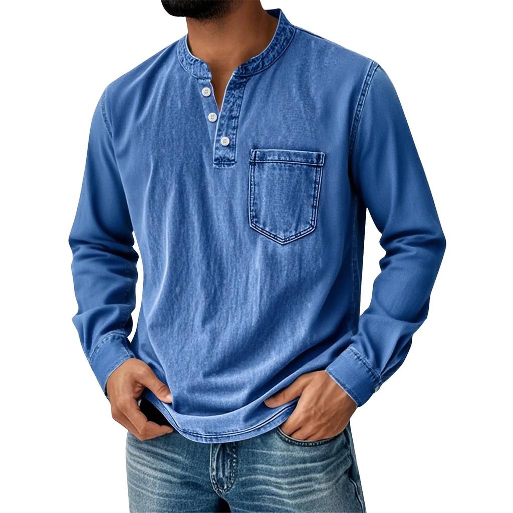 Men's Henley Long Sleeve T-Shirt Vintage Washed Denim Casual Tops Button Down Crew Neck Loose Fit Daily Streetwear for Men