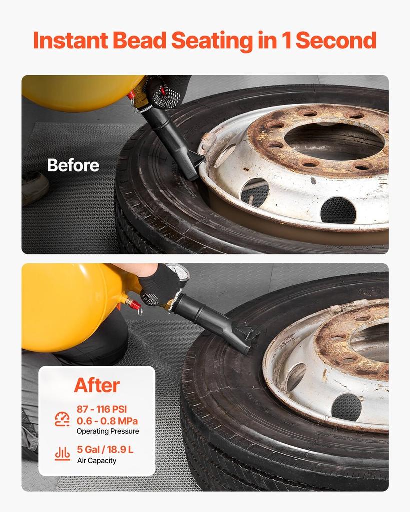 Air Tire Bead Seater, 5 Gal / 18.9 L, Heavy Duty Tire Bead Blaster Tool, 87-116 PSI Operating Pressure, Air Trigger Seating Inflator for Pickup,