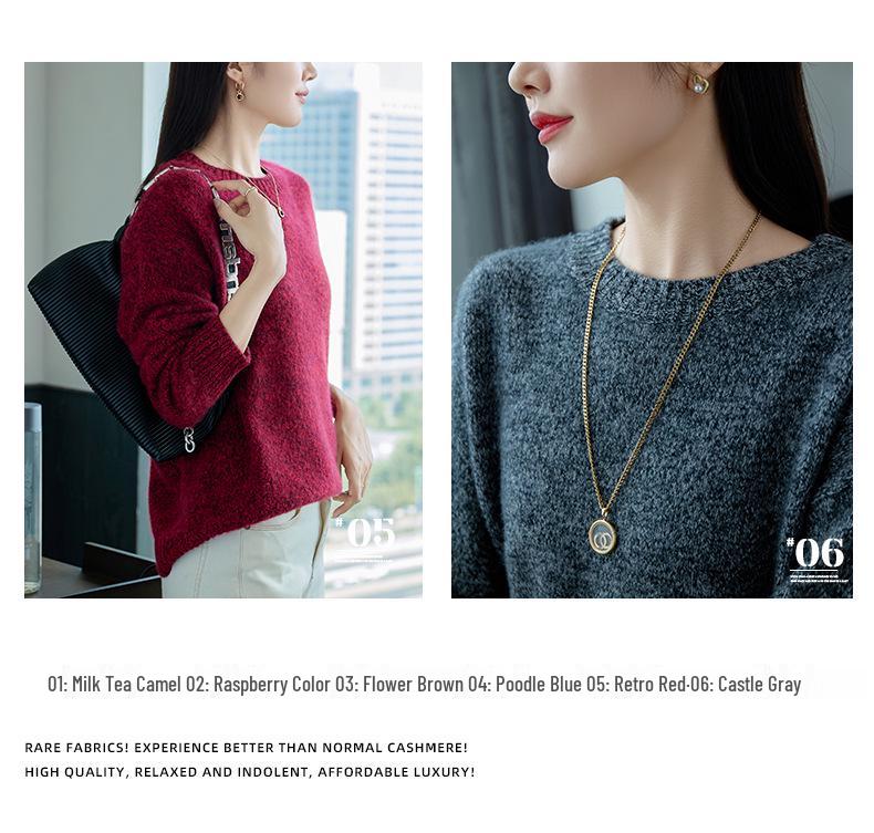 357 Fancy Yarn Women's Round Neck 100% Pure Wool Knit Pullover - Loose and Thick Style