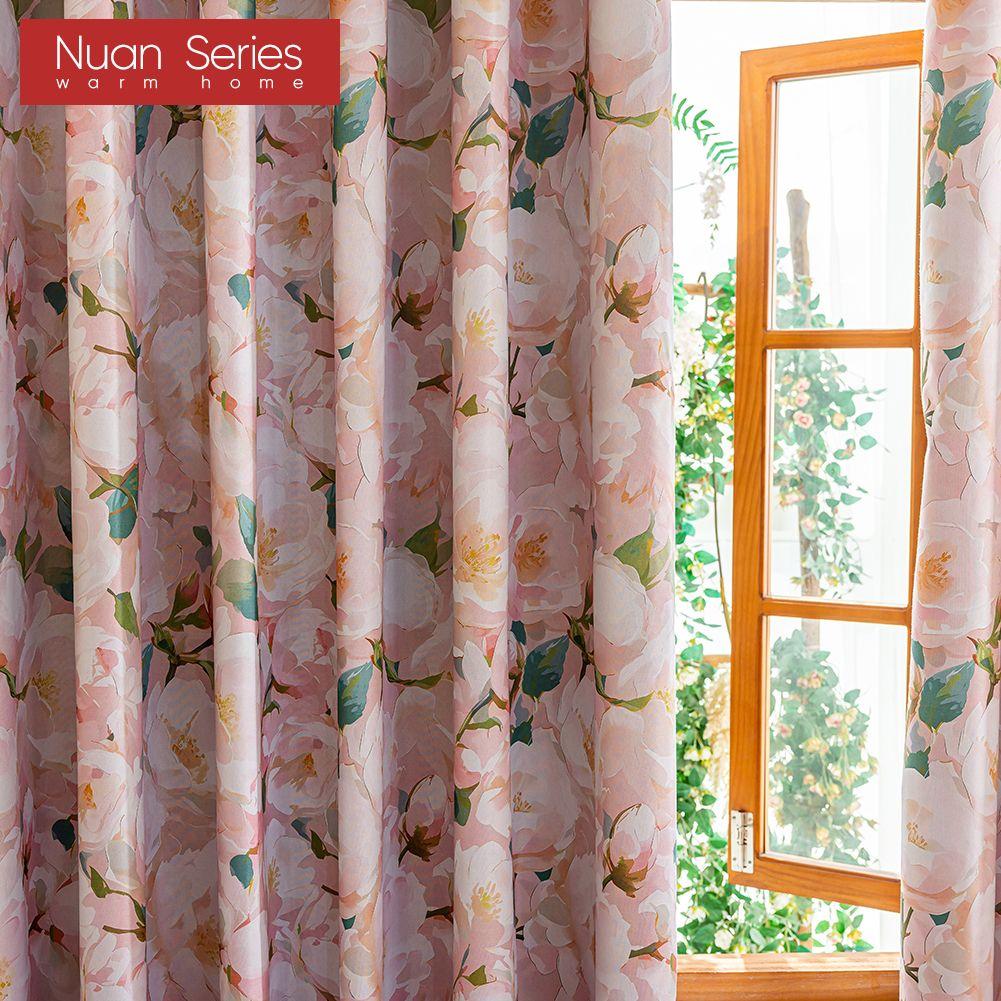 1 Stück Nuan Serie Französischer Landhausstil Verdunkelungsvorhänge Rosa Kamelien-Druck Vorhänge für Schlafzimmer Wohnzimmer Balkon Fenster für Heimdekoration