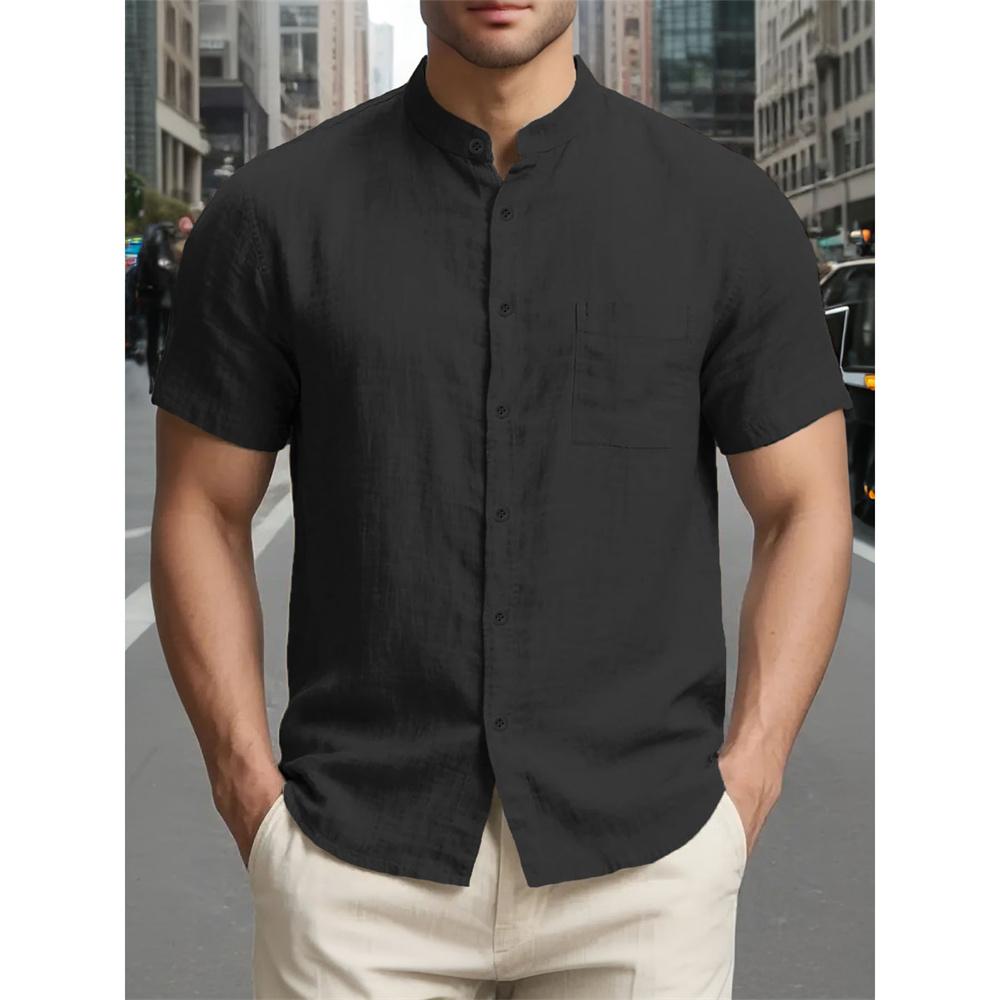 

Летняя новая рубашка для мужчин с коротким рукавом, однотонная, повседневная, в простом стиле, однотонная, на одной пуговице, из хлопка и льна, мужская, уютный топ S чёрный