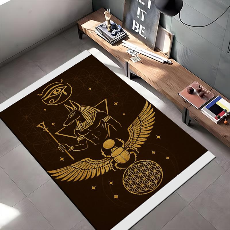 Area Rug, Anubis Egyptian God Gold Eye of Horus Scarab Sacred Geometry Print, Living Room Decor, Non-Slip Mat