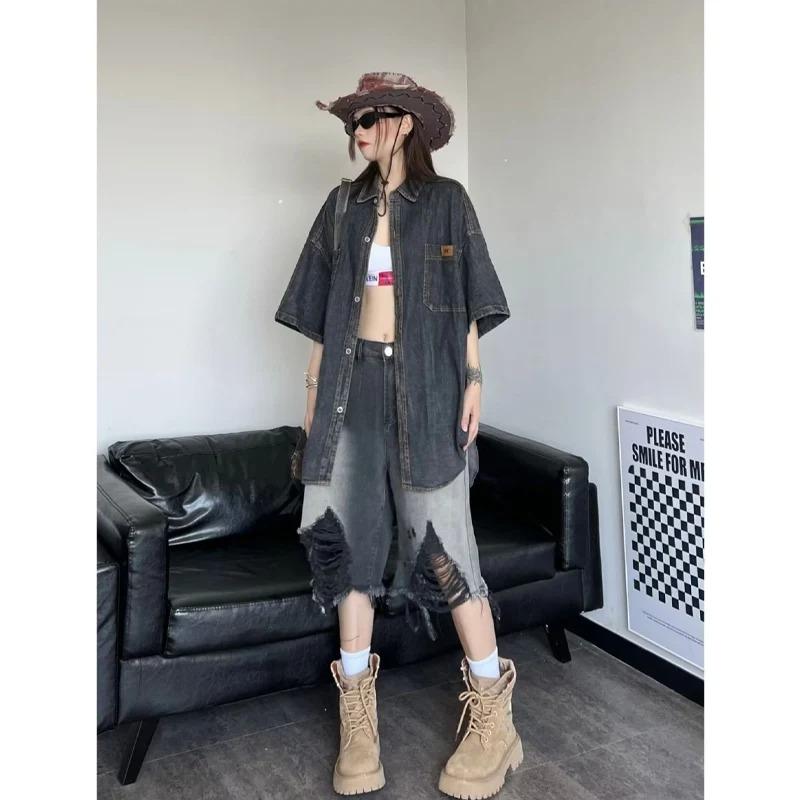 Shorts in Denim con Fori Harajuku Y2K Donna Streetwear Vintage Shorts Jeans Sfumati Shorts con Design Retro Americano Hip Hop