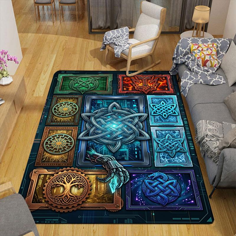 Cybernetic Celtic Symbols Pattern Rug Floor Mat for Living Room or Bedroom Soft and Comfortable Carpet a Gift for Birthday and Holiday.