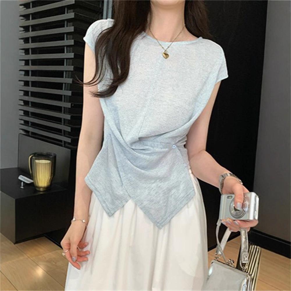 Blue design sense versatile round neck short-sleeved T-shirt women's summer new foreign style irregular slim-fitting and thin knock beautiful shirt