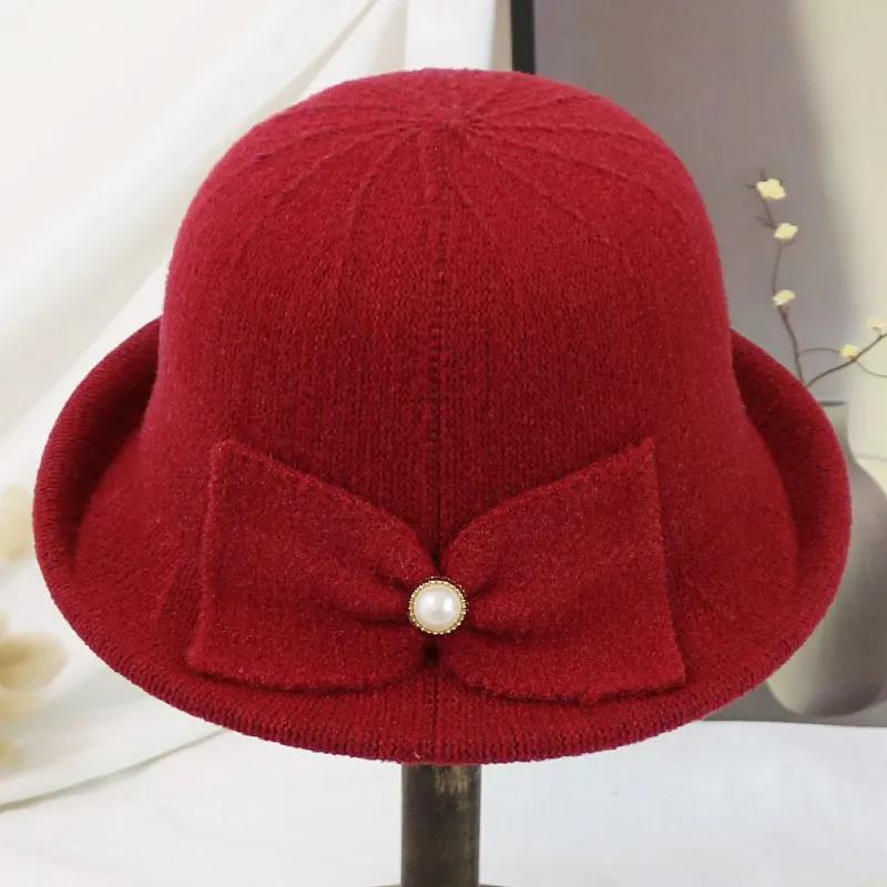 WTEMPO Cold-proof Windproof Warm Solid Color Pearl Bow Bucket Hats Women's Autumn Winter Casual Verstaile Retro Elegant Hats