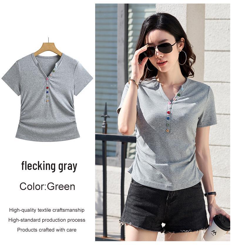 2026 Slim-Fit Short-Sleeve T-Shirt with Colorful Buttons - Korean Style Slimming, Versatile, and Sweet Women's Summer Top