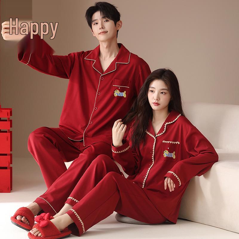 Red Pajamas for Couples - Spring/Autumn 2025 Pure Cotton High-Grade Dowry Festive Homewear for Newlyweds