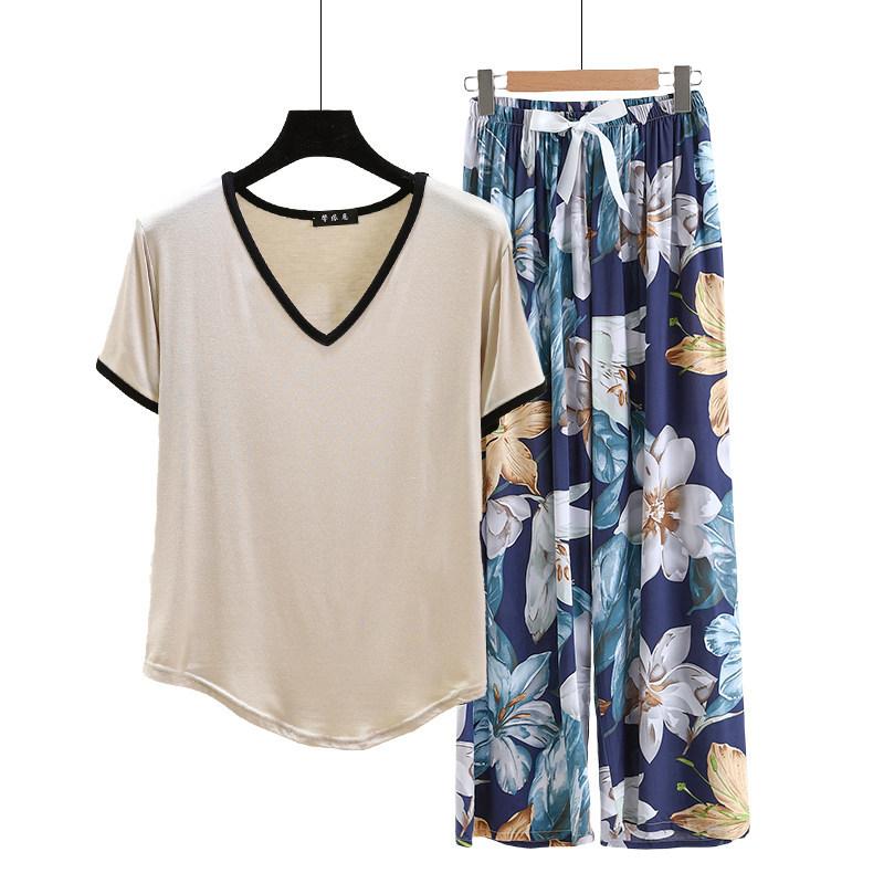 Modal Loungewear V-Neck color-block Tshirt and Floral Wide leg pants Summer Thin Pajamas sets Casual Plus size Homewear 2pcs suit Comfort clothing