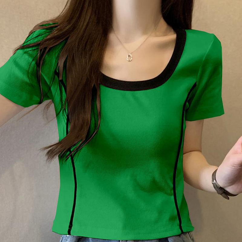 Summer New Square Neck Fashion Short Sleeve T-shirt Women Contrast Color Printing Casual Pullovers Pure Cotton All-match Tops