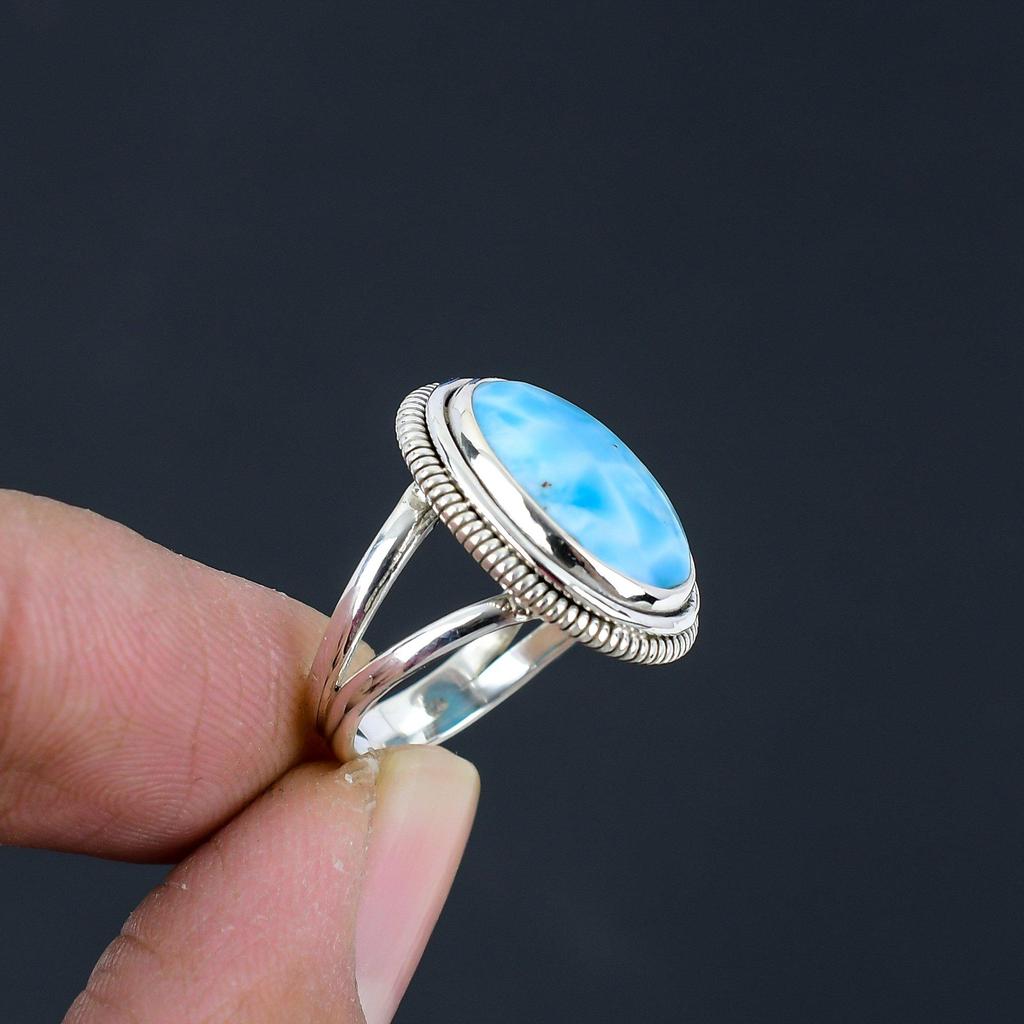 Natural Larimar Gemstone 925 Sterling Silver Split Shank Statement Ring For Women & Girls