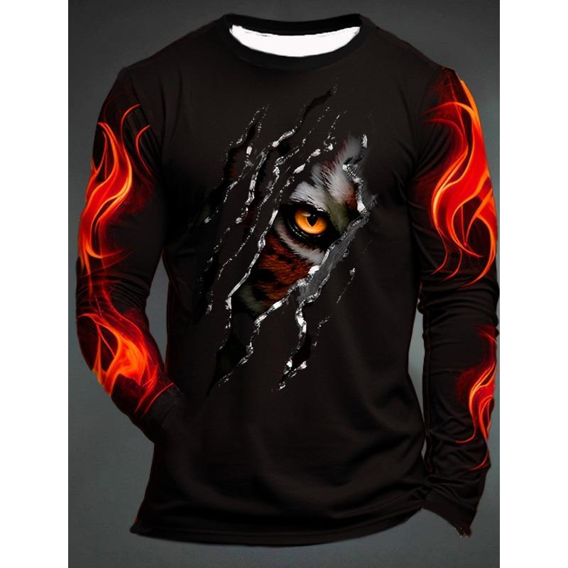 3D Printed Flame Scratch Pattern 3D Printed Autumn Men's Crew Neck T-Shirt Casual Long Sleeve Oversized Pullover Fashion Tops