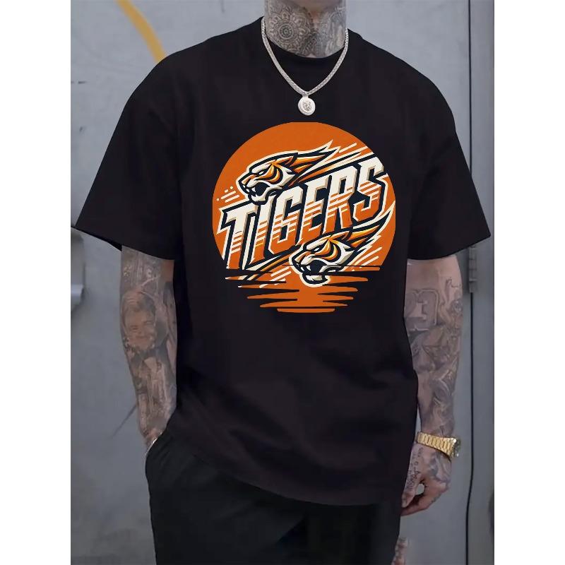 

Men s Black Tiger Pattern Short Sleeve T-Shirt- Bold Orange and White Tiger Design, Regular Fit Casual Summer Top, Sports Style | Sporty Appearance 4XL