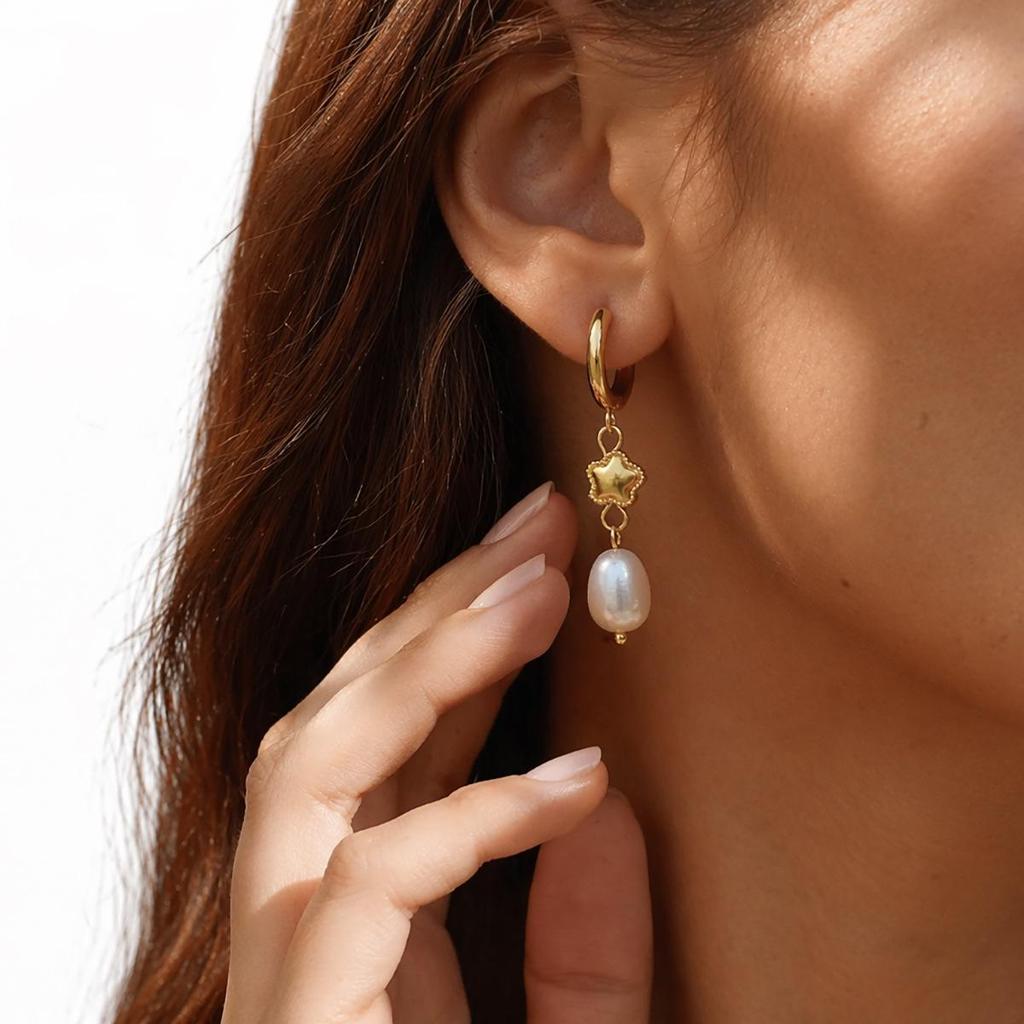 18K Gold-Plated Freshwater Pearl Hoop Earrings with Stainless Steel