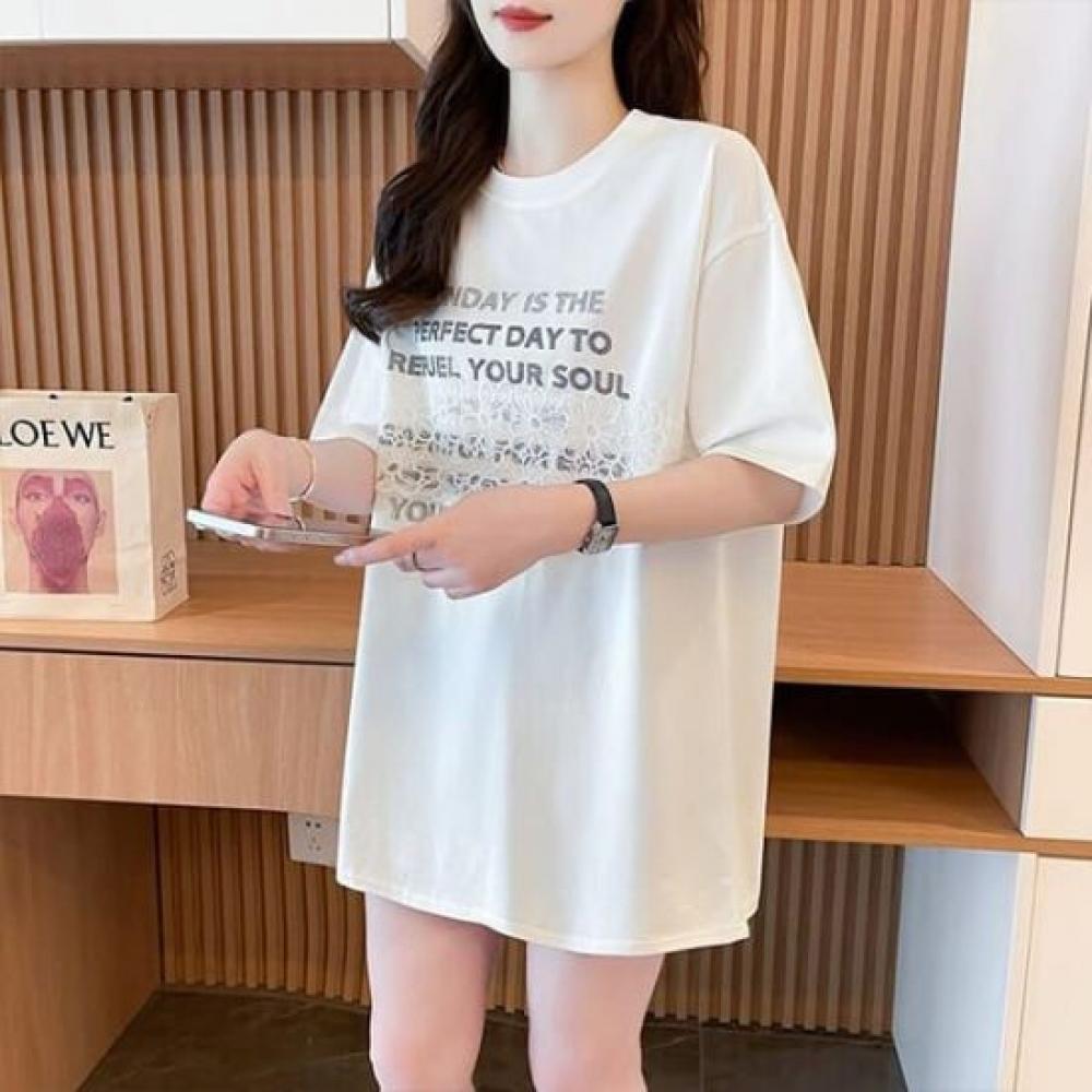 Navava Women LeTTering Lace Loose FiT ShorT Sleeve T shirT nT2801