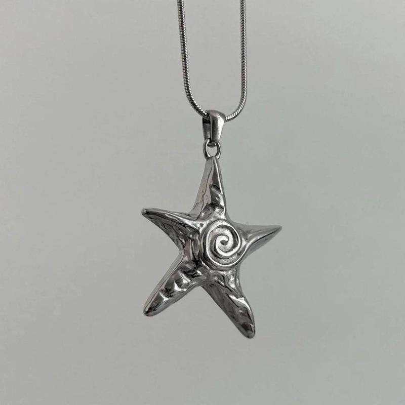 Stainless Steel Starfish Spiral Pendant Necklace with Snake Chain - Rust-Proof, Bohemian, Y2K Minimalist Beach Style
