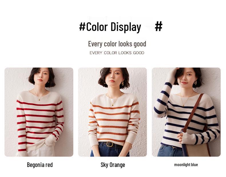 Women's Soft Cashmere One-Shoulder Sweater - Seamless, Loose Fit, Striped Pullover with Rolled Hem.