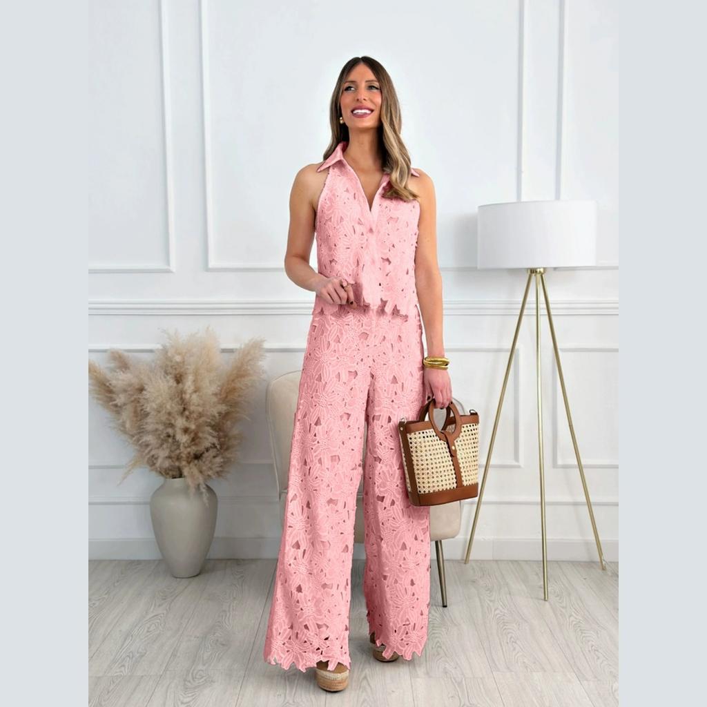 Summer French Summer Embroidered Hollow V-neck Vest Top + Wide-leg Straight Trousers Suit